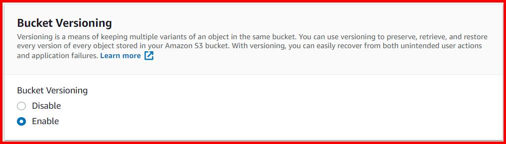 Picture showing the option for enabling or disabling the bucket versioning